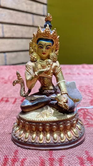 Tara w/Bell & Dorje Gold-Plated Copper Lost-Wax Golden Thanka Paint Face Statue (S)